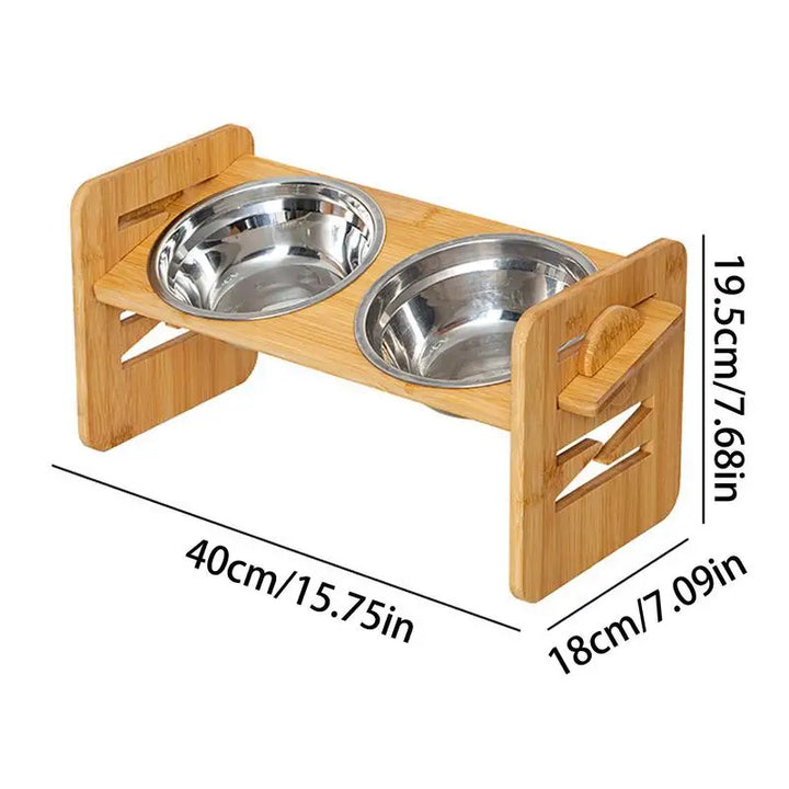 Gamelle Double Inclinable et Surélevée en Acier Inoxydable avec Support en Bois - HautePattes