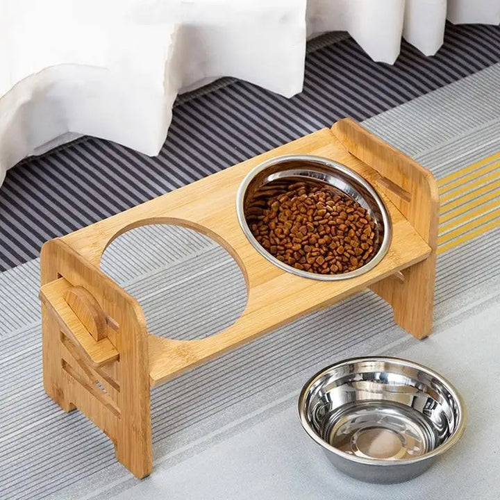 Gamelle Double Inclinable et Surélevée en Acier Inoxydable avec Support en Bois - HautePattes