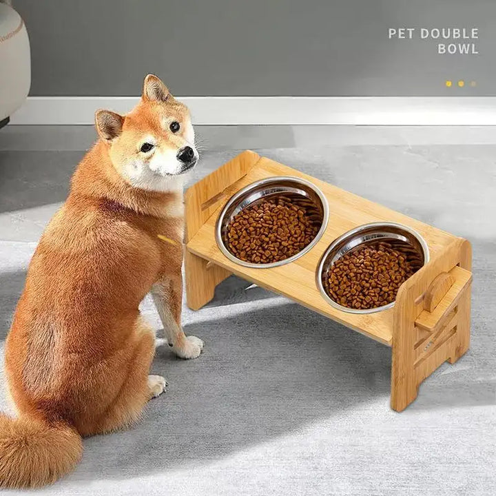 Gamelle Double Inclinable et Surélevée en Acier Inoxydable avec Support en Bois - HautePattes