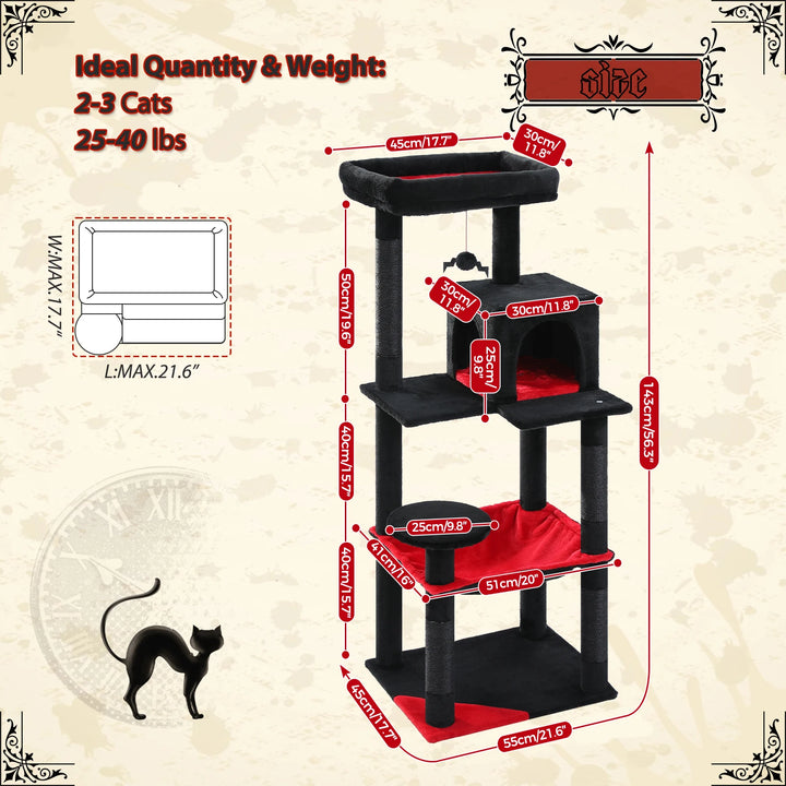Arbre à chat design noir & rouge – Élégance sombre pour 2 à 3 félins