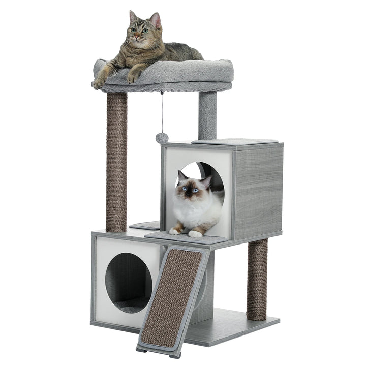Arbre compact moderne – 2 niches, perchoir & rampe griffoir